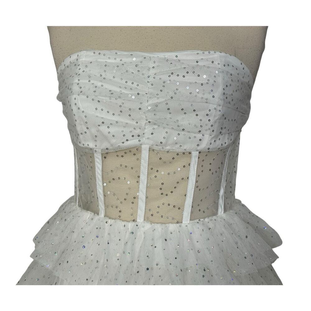 Iridescent Sparkly Sequin Tiered Tulle Mini Dress Mesh Corset Boned Strapless L - Picture 5 of 10